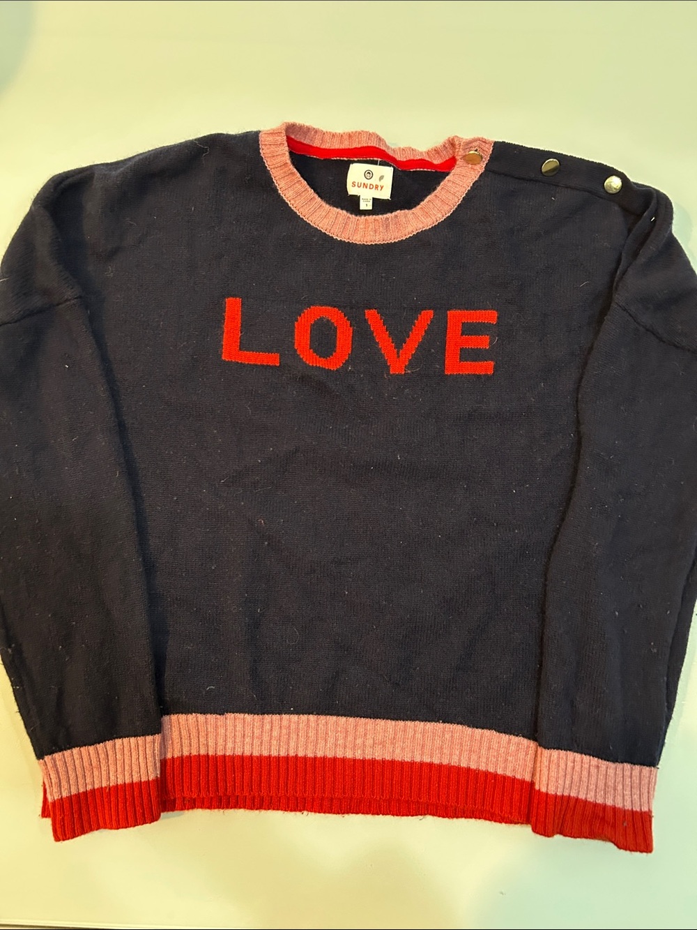 Sundry Crewneck Sweater with Red LOVE Logo cashmere wool Valentines Day